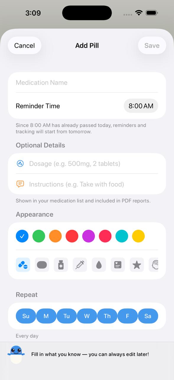 Onboarding step 3: Add your first pill